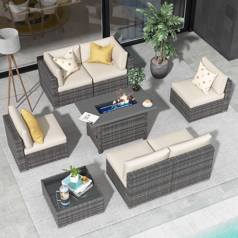 Outdoor 8 Pieces Sectional Wicker Sofa Set with Fire Pit - White