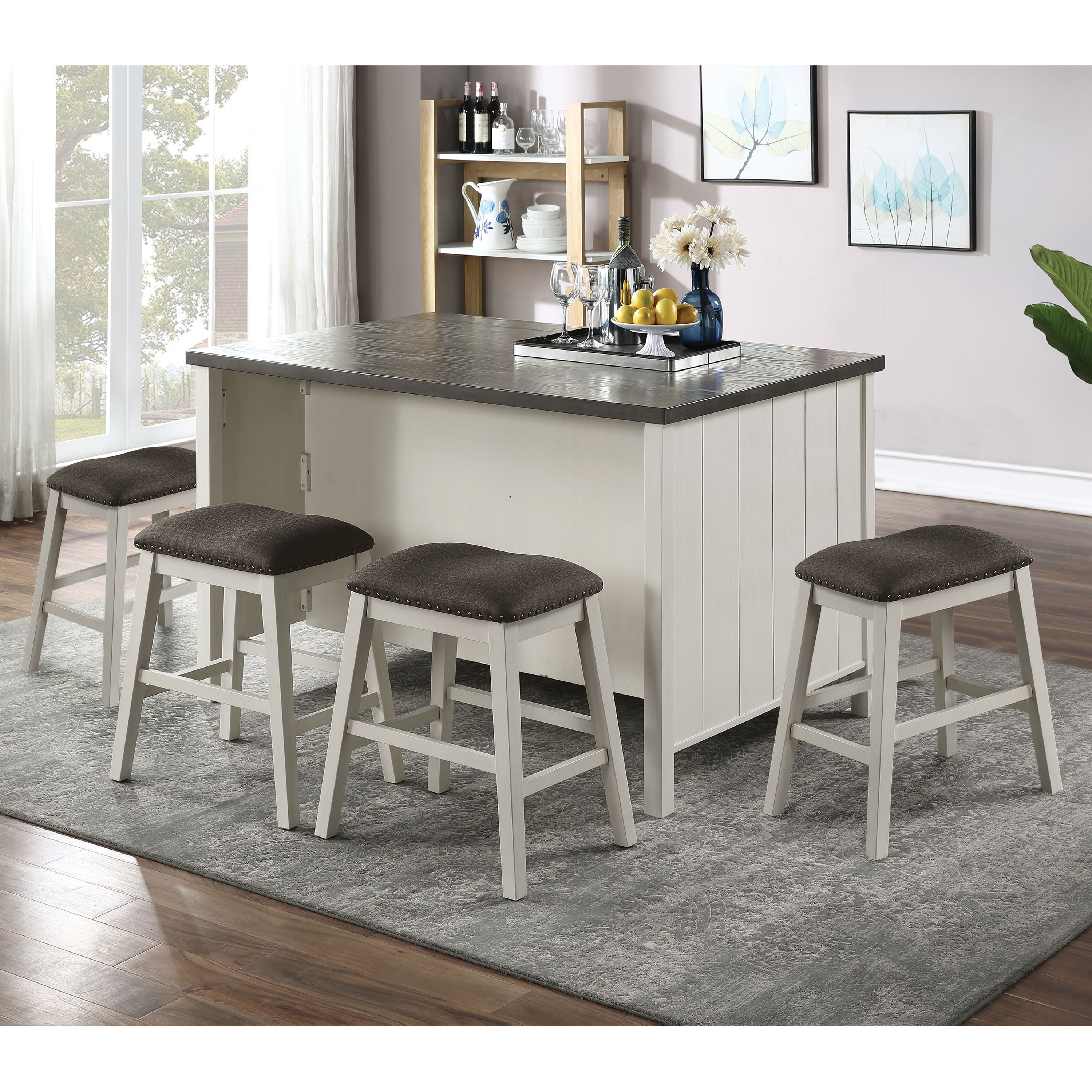 Furniture of America Hanto Transitional White Solid Wood Storage 5-Piece Counter Height Dining Set