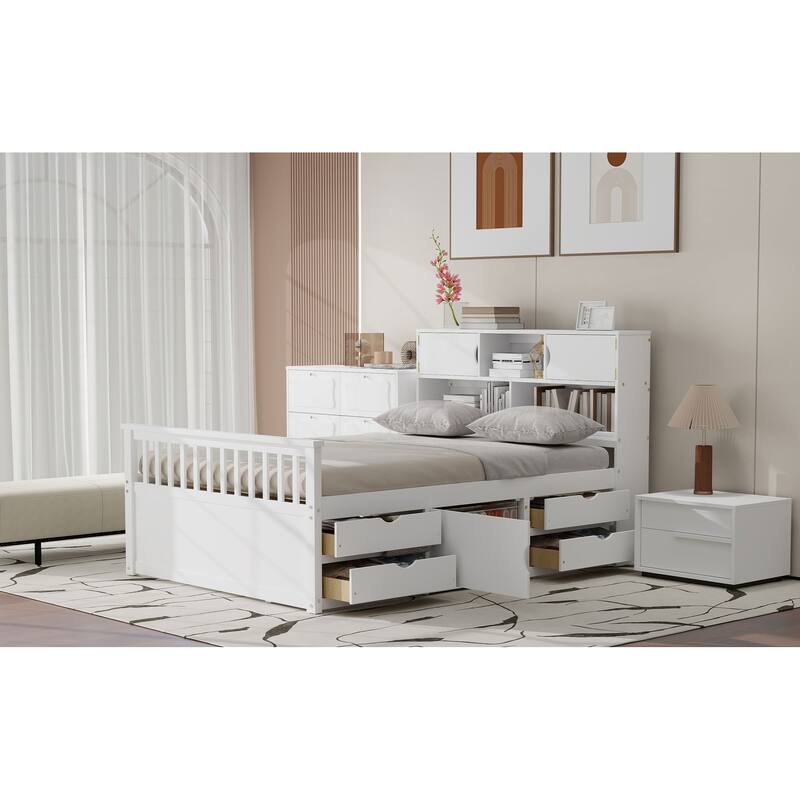 Full Size Platform Bed with Bookcase Headboard, 4 Storage Drawers & Adjustable Underbed Shelves, No Box Spring Needed, White
