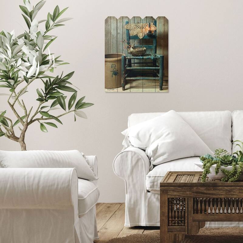TrendyDecor4U Farmhouse "This Old Chair" Printed Wall Art on a Wood Fence by Susie Boyer - Blue, Natural