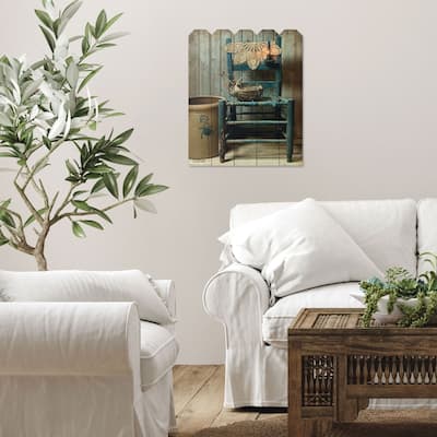 TrendyDecor4U Farmhouse "This Old Chair" Printed Wall Art on a Wood Fence by Susie Boyer - Blue, Natural