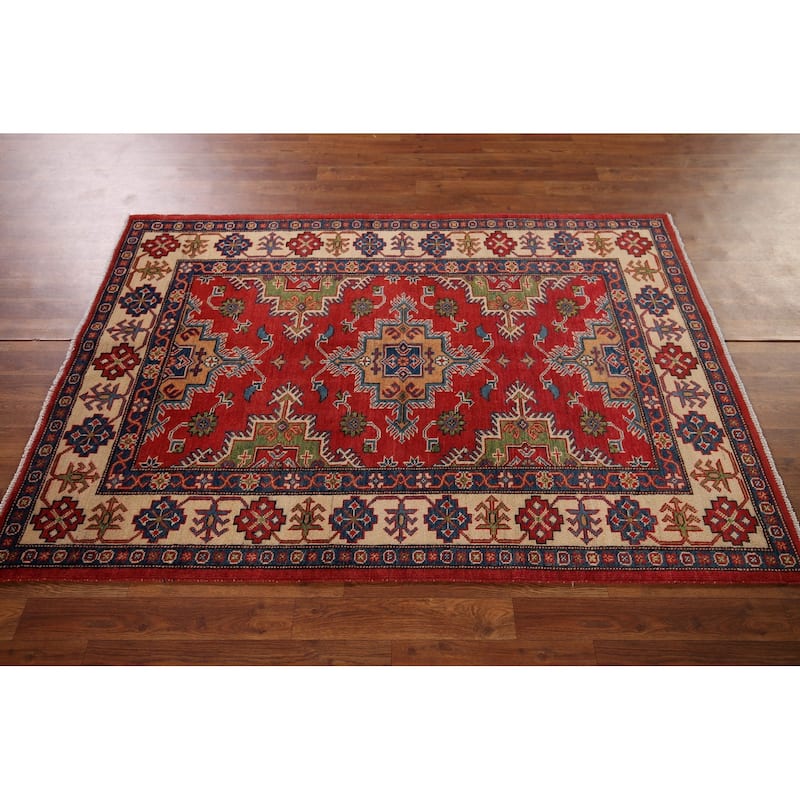 Oriental Kazak Area Rug Handmade Wool Carpet - 4'0" x 5'10"