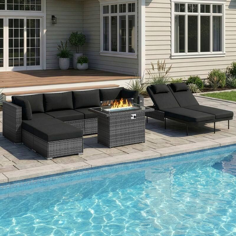 Outdoor Sectional Conversation Set PE Wicker with Double Chaise Lounge, 60,000 BTU Fire Pit Table - 8-Piece/Ottoman - Black