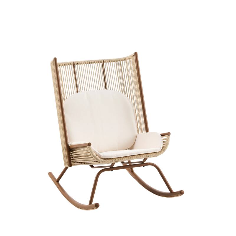 Christopher Knight Home - Modern Outdoor Metal Frame Woven High Arc Backrest Rocking Chair and Solid Acacia Wood Side Table Set