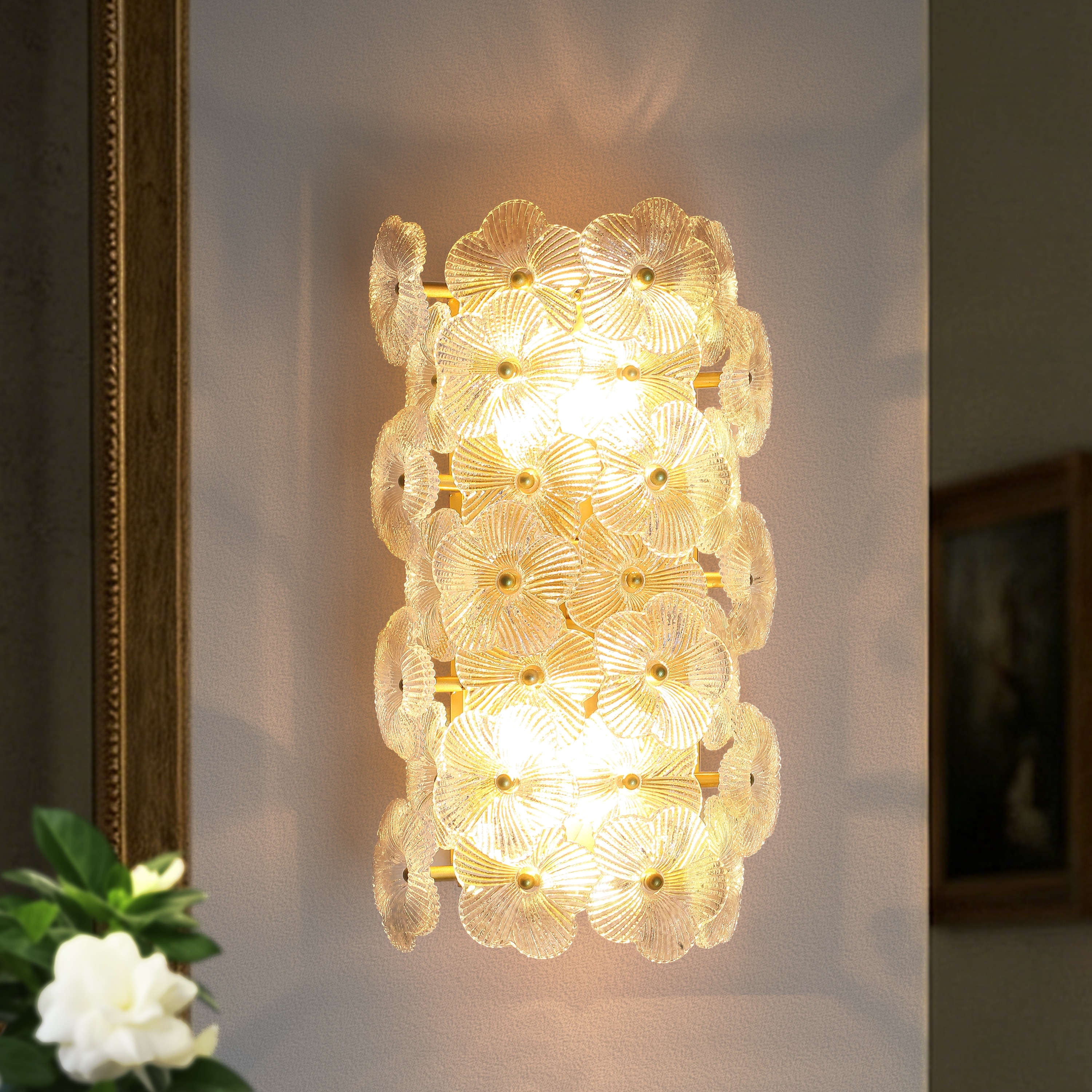 Starsky 2-Light Gold Floral Glass Wall Sconce ,Decorative Wall Lamp with Textured Glass Shade for Indoor Spaces