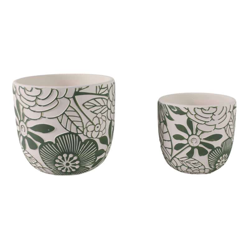 Pottery Planters Floral Carved Design (Set of 2) - 7", 6" White, Green - 8" x 8" x 7"