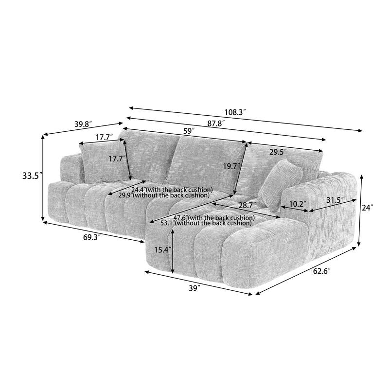 L-Shape Sectional Sofa with Chaise Lounge, Oversized Chenille Upholstered 4 Seater Sofa, Compressed Sofa with Throw Pillows