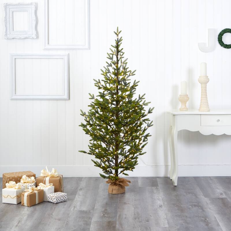 Pre-lit Medium Fraser Fir Artificial Christmas Tree with Burlap Base - 6’ - Clear LED Lights - 6 Foot