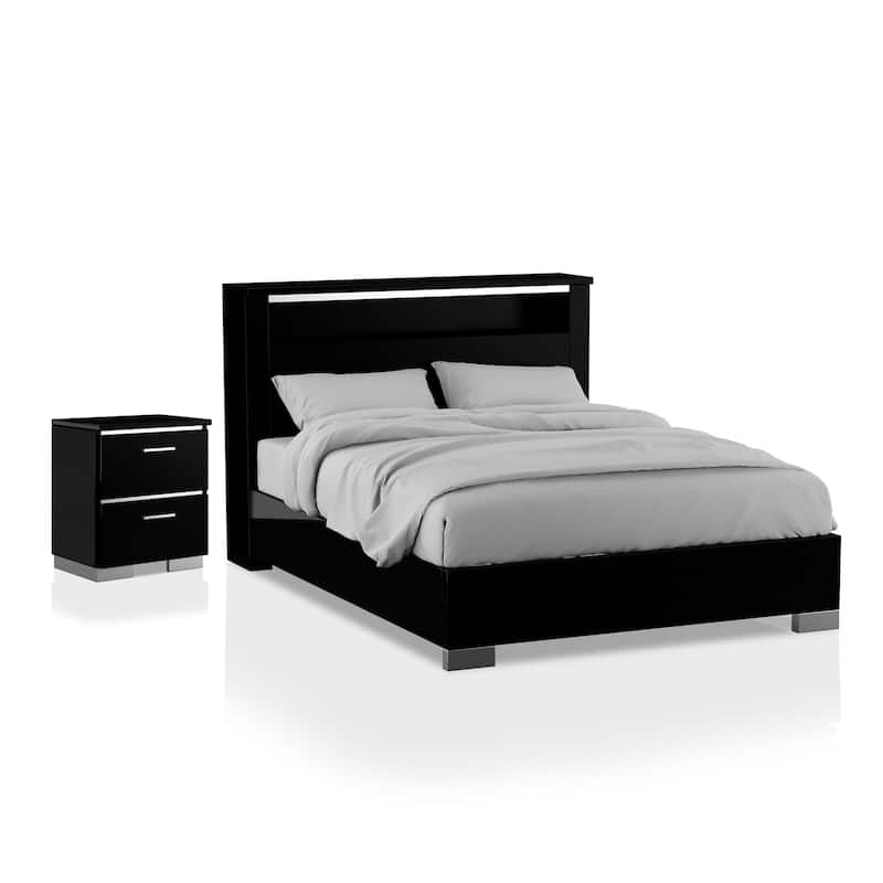Lofa Contemporary Black Wood Storage Panel Bedroom Set with LED and USB Ports by Furniture of America - Queen - 2 Piece
