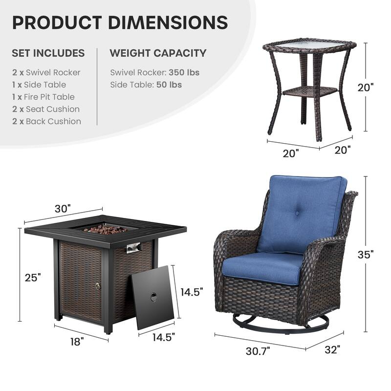 Gymojoy 4-Piece Outdoor Fire Pit Set with 2 Swivel Chairs & Side Table for Patio, Deck, Garden
