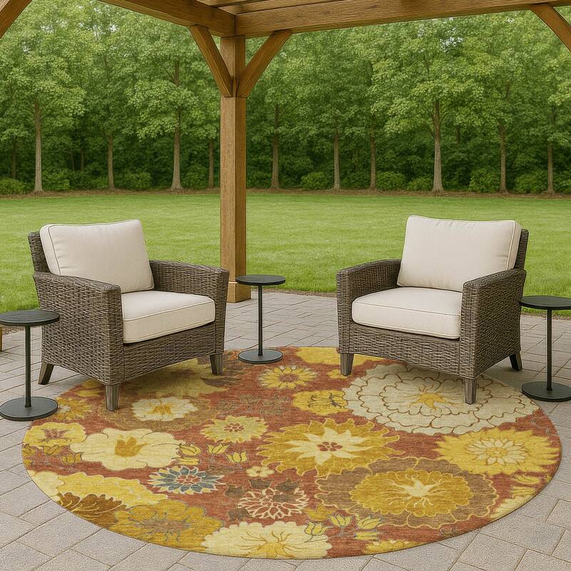 Machine Washable Indoor/ Outdoor Modern Floral Chantille Rug - Terracotta - 8' x 8'