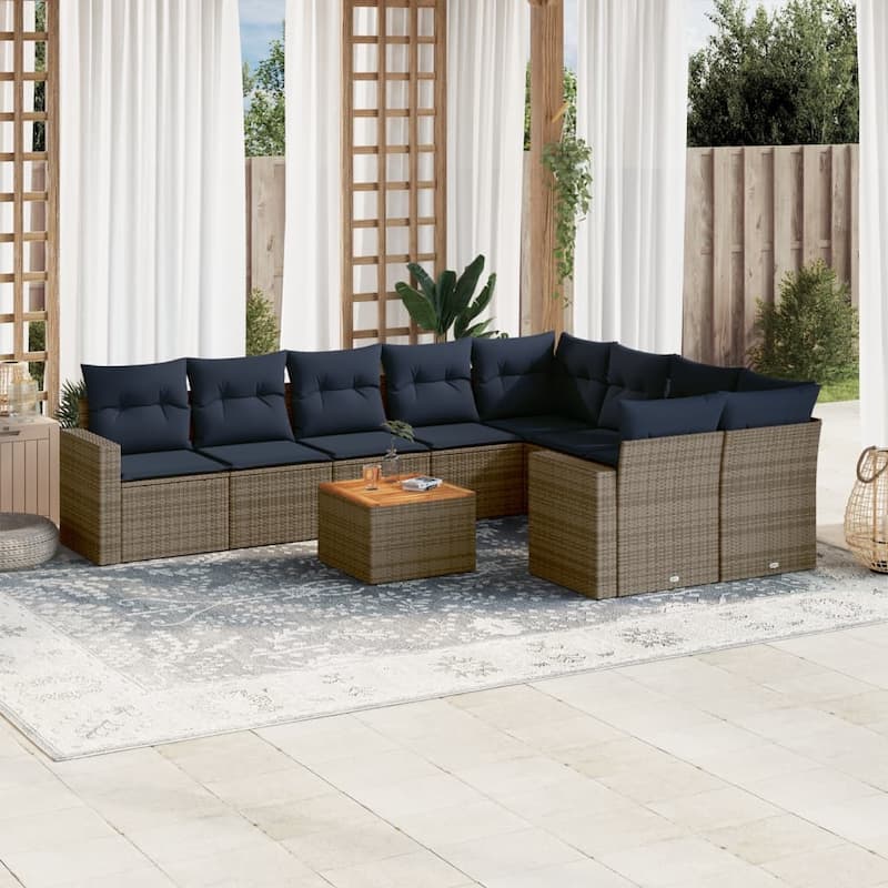 vidaXL 10 Piece Patio Sofa Set with Cushions Black Poly Rattan - 24.4" x 24.4" x 27.2" - Grey - form3