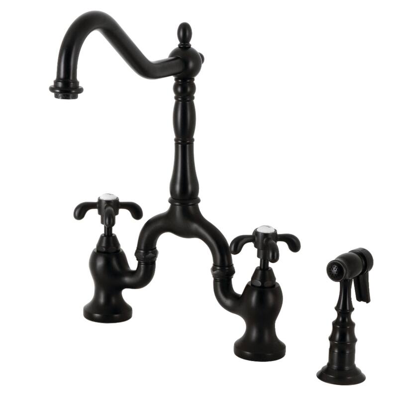 Kingston Brass French Country Bridge Kitchen Faucet with Brass Sprayer - Matte Black