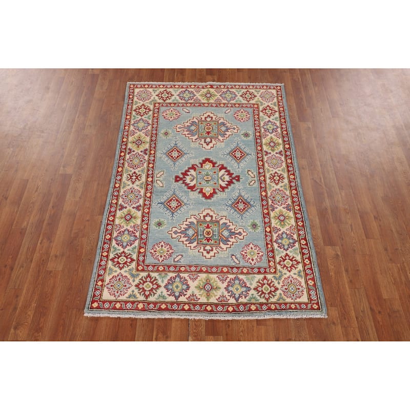 Light Blue Kazak Accent Rug Handmade Wool Carpet - 3'11" x 6'0"