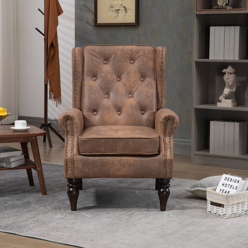 High Back Wood Frame Armchair, Modern Accent Chair Lounge Chair with Wood Legs, Upholstered PU Leather Lounge Chairs - Coffee Microsuede