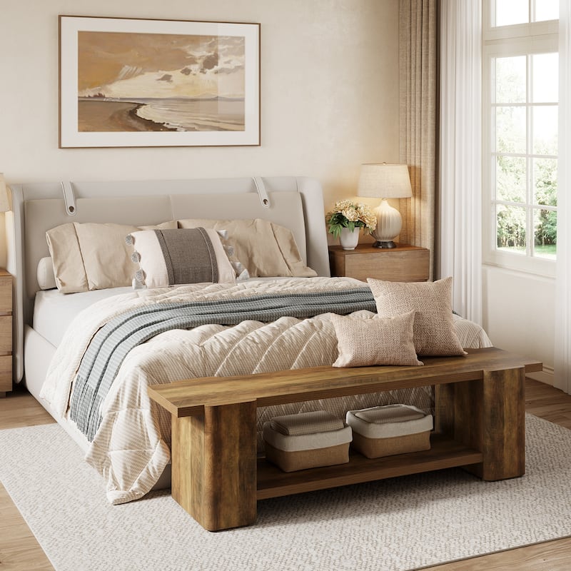 63 Inch Long Wooden Entryway Bench, End of Bed Bench with Storage Shelf - 13.39" D x 62.6" W x 17.32" H