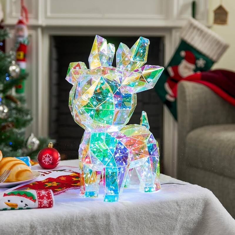 15 in Prismatic Iridescent Decorations, Prismatic Christmas Decor, 100 LED Cool White Lights - Reindeer