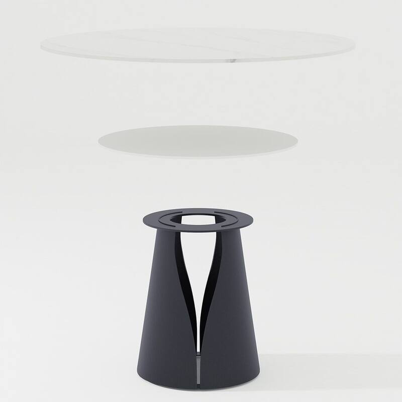 Modern Round White Dining Table，Sintered Stone Tabletop, Solid Black Carbon Steel Base