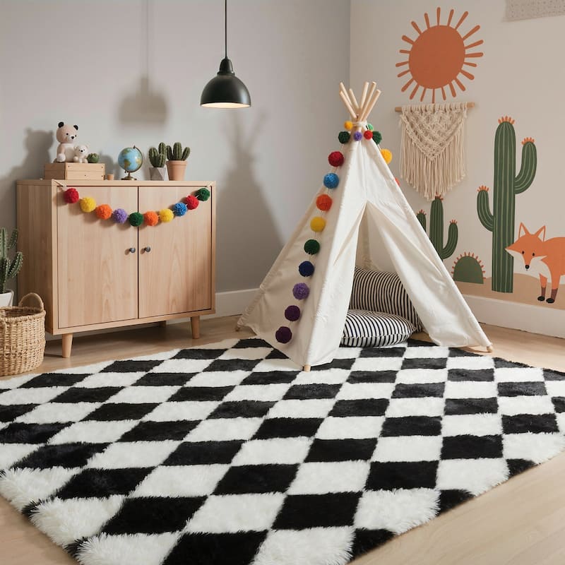 Mcow Diamond Check Collection High-Pile Machine-Washable Area Rug