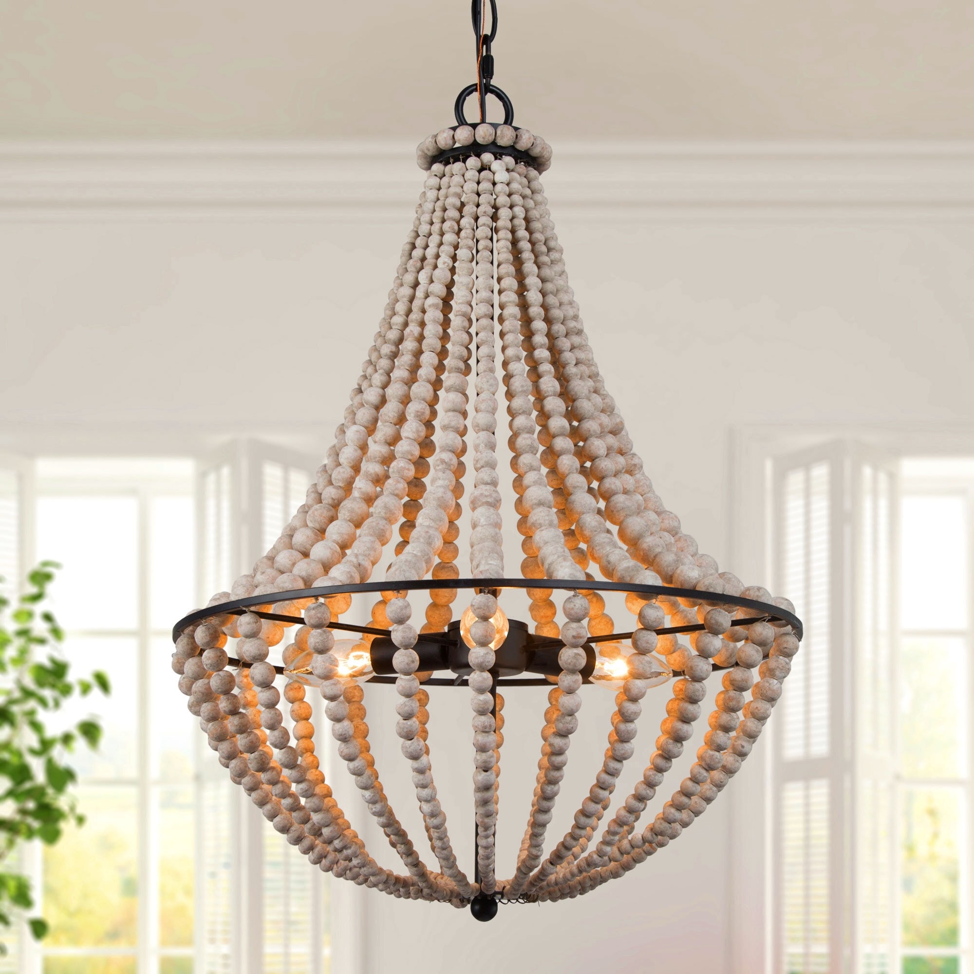 Modern Farmhouse 3-Light Wood Beaded Chandelier Coastal Boho Pendant for Dining Room Foyer Nook - 15.5'' L x 15.5'' W x 22'' H