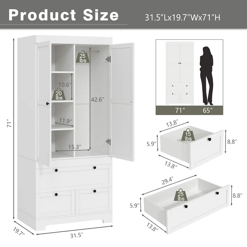 Gyomojoy Large White Wardrobe Closet with Drawers & Doors, Modular Armoire with Hanging Rods, Apartment & Dorm Storage