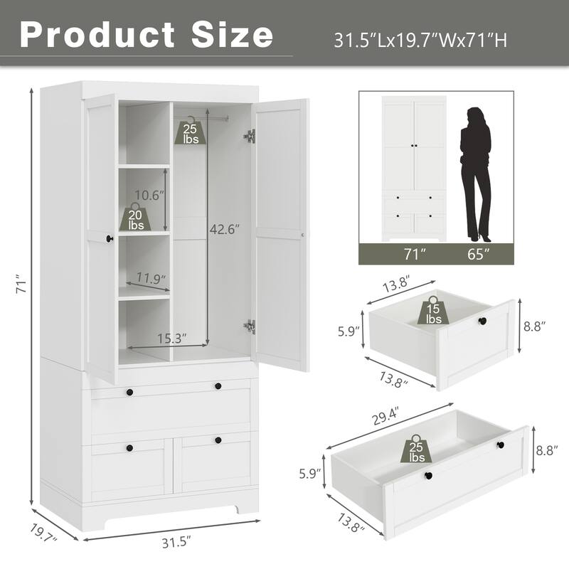Meyreso White Modular Wardrobe Closet with Drawers, Convertible Stacking Armoire - N/A
