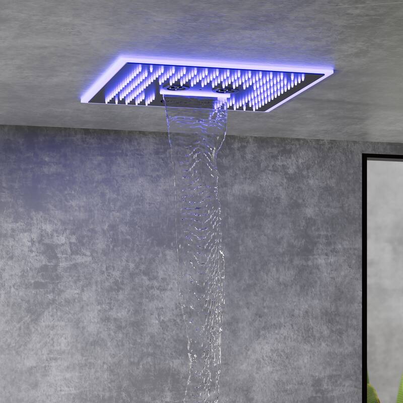 Shower Faucet System 16" Ceiling Mount Shower Head 3 Spray Modes Body Jets Handheld Spray with Slide Bar LED Music