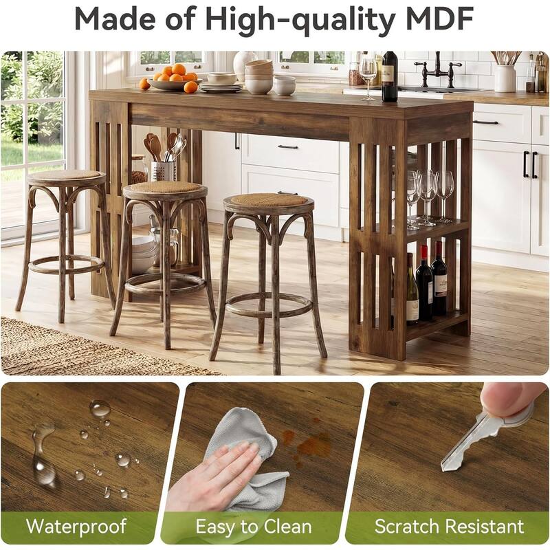 63 Inch Bar Table, Wooden Bistro Table with Wine Rack, Large Home Bar Unit, Pub Table with Storage Shelves