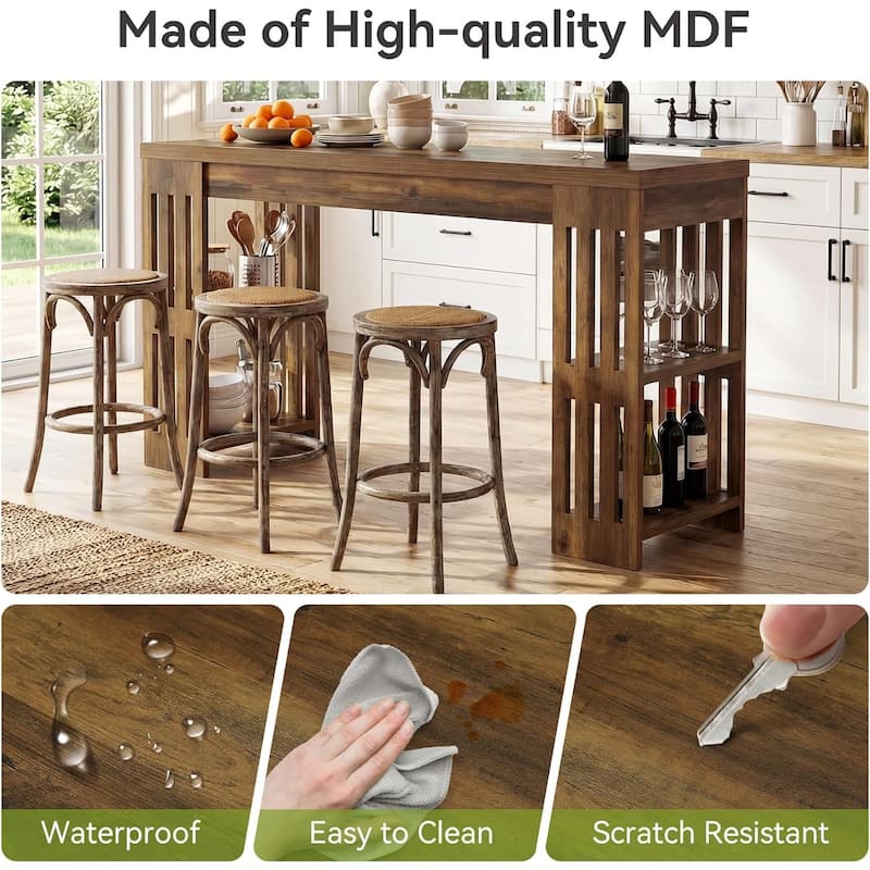 63 Inch Rectangle Bar Table, Farmhouse Pub Bistro Table Home Bar Unit with Storage Shelves - 62.99" L x 19.68" W x 37.4" H