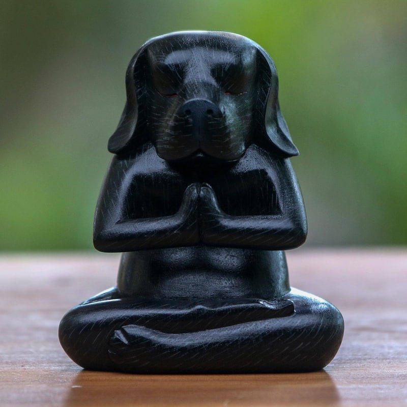 Novica Handmade Black Yoga Beagle Wood Statuette
