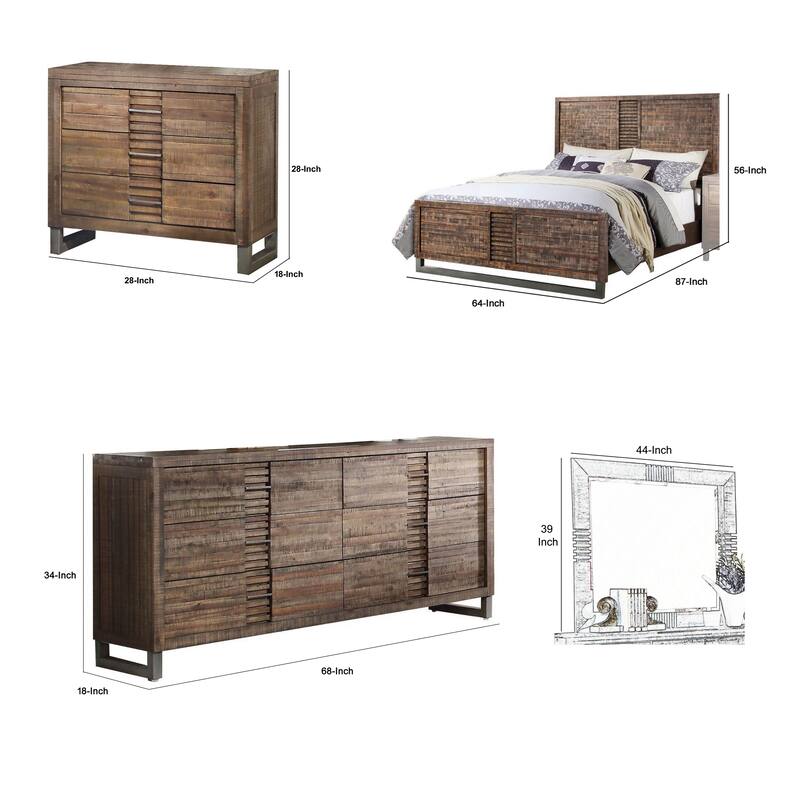 Liza Four Pc Queen Bedroom Set, Plank Style Rustic Brown Wood, Nickel Sled Metal Base