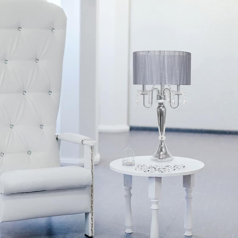 Chrome Cascading Crystal Table Lamp with Round Shade - 31" - Gray
