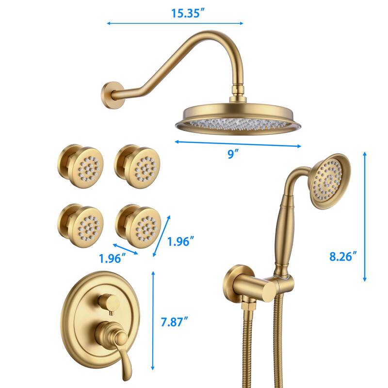 Brushed Gold Shower System with Handheld and 4 Body Sprays