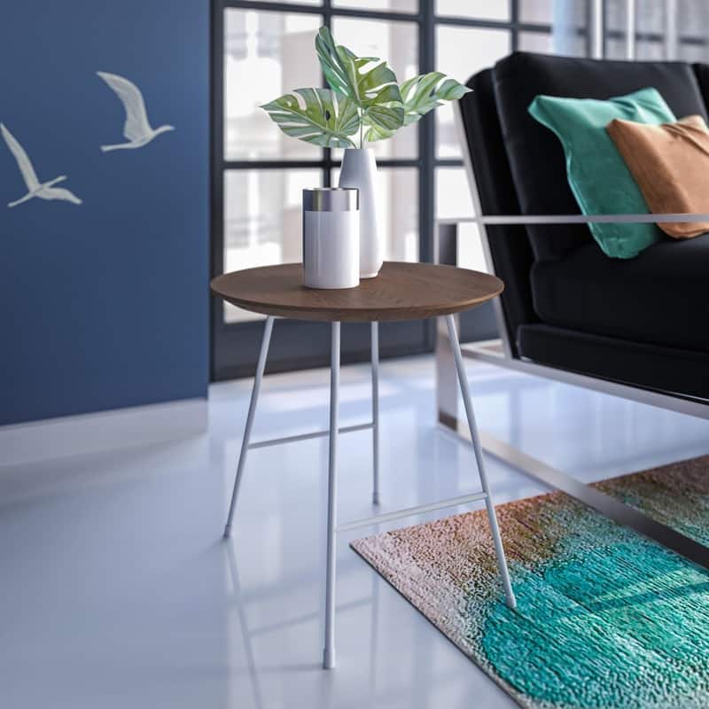 Rossmore Modern MDF Round Ash Wood Veneer Tabletop Side Accent Table with White Stainless Steel Frame for Home or Office