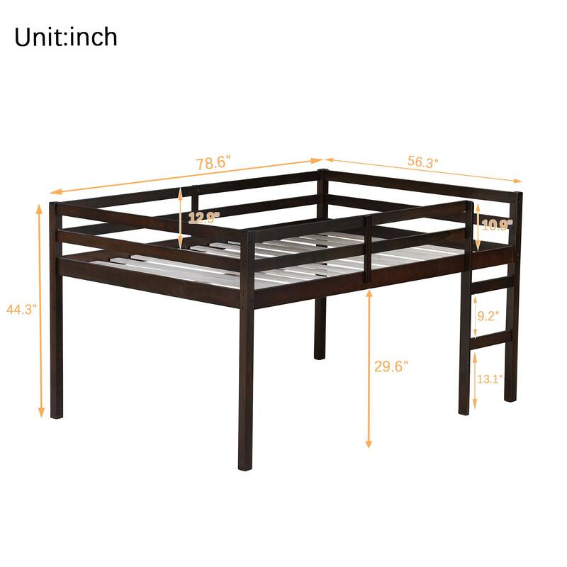 Full Size Loft Bed with Ladder, Solid Rubber Wood Frame Low Height Design with Guard Rails and Under-Bed Storage Space