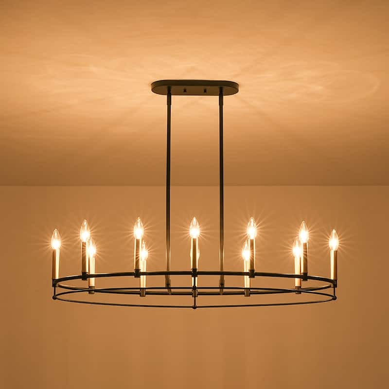 Black Brass 12-Light Large Oval Wheel Candle Style Island Chandelier - 37.5 Inches