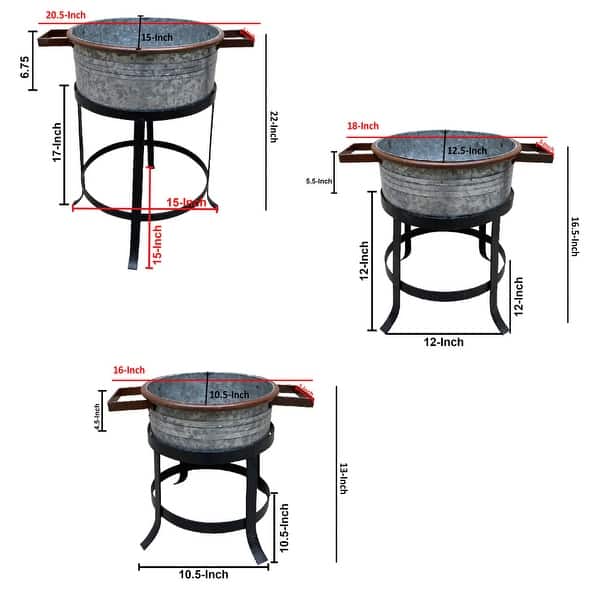 3 Piece Round Tub Metal Planter Set with Stand in Galvanized - 51.5 H x 38 W x 54.5 L Inches