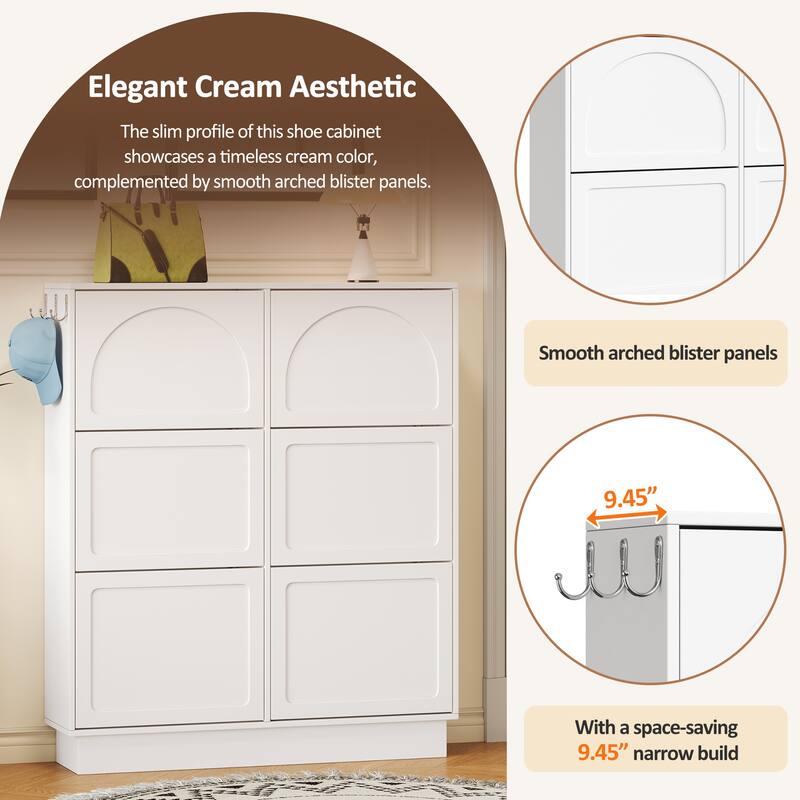 Narrow Flip Drawer Shoe Storage, Space Saving Entryway Organizer with Adjustable Shelf, Free-Standing Shoe Rack with 3 Hooks