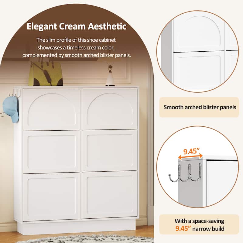 Sleek Cream-Colored Tipping Bucket Shoe Cabinet – Entryway Organizer with 6 Flip Drawers, Adjustable Shelf & 3 Silver Hooks