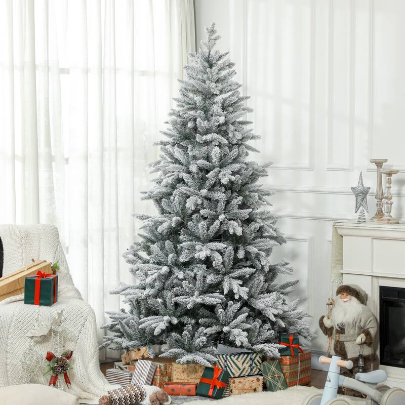 7FT/8FT Snow Flocked Christmas Tree with Realistic Branch Tips and Metal Stand