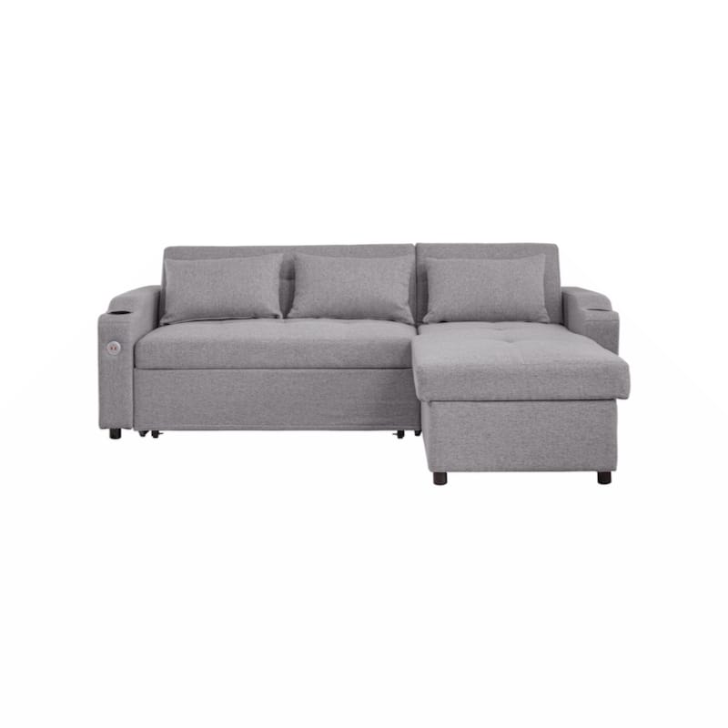 84"Adjustable Backrest Sofa Bed,3 in 1 Linen Sleeper with USB Ports & Cup Holders, Pull Out Couch Bed with Storage Chaise
