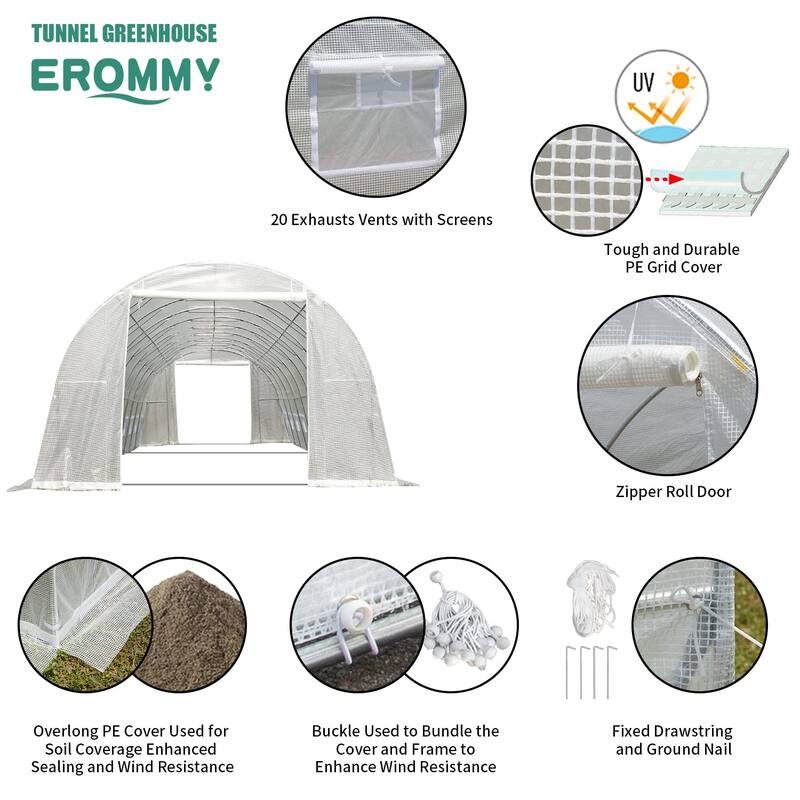 EROMMY Large Walk-in Greenhouse, Portable Greenhouse with 2 Roll-up Zippered Doors&20 Screen Windows, Tunnel Garden Plant