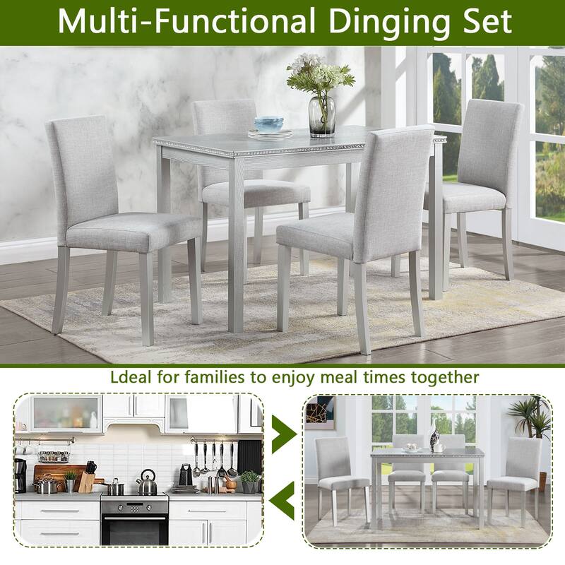 Modern 5-Piece Dining Set with Crystal Table & 4 Upholstered Chairs