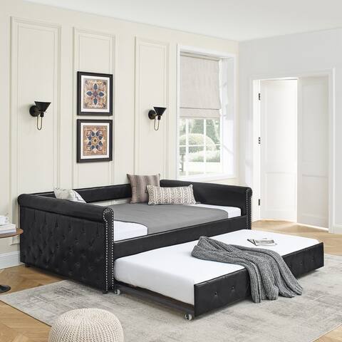 Tufted Upholstered Sofa Bed/Daybed with Button and Copper Nail,with Trundle