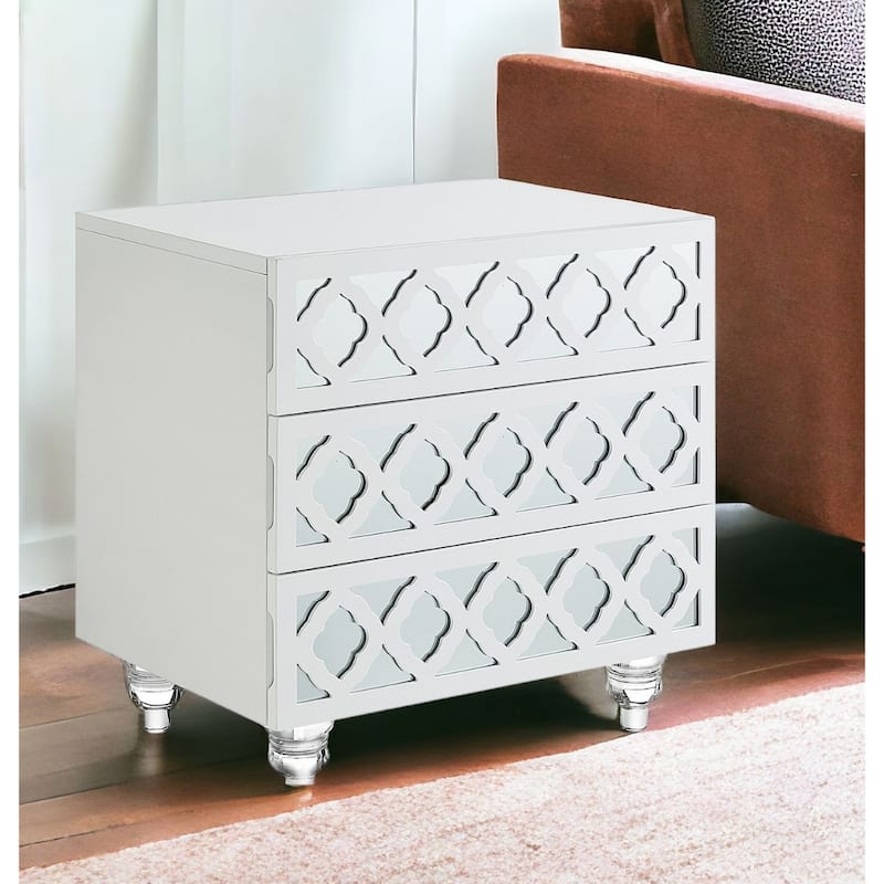 White Wood End Table with 3 Drawers and Clear Mirrored Legs - 18” x 18” x 24” (D x W x H)