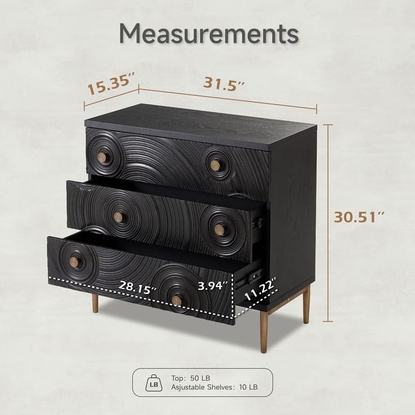 dimension image slide 1 of 2, COZAYH Farmhouse Embossed 3 Drawer Dresser with Ring Motif, Distressed Boho Nightstand for Bedroom, Living Room, French Country