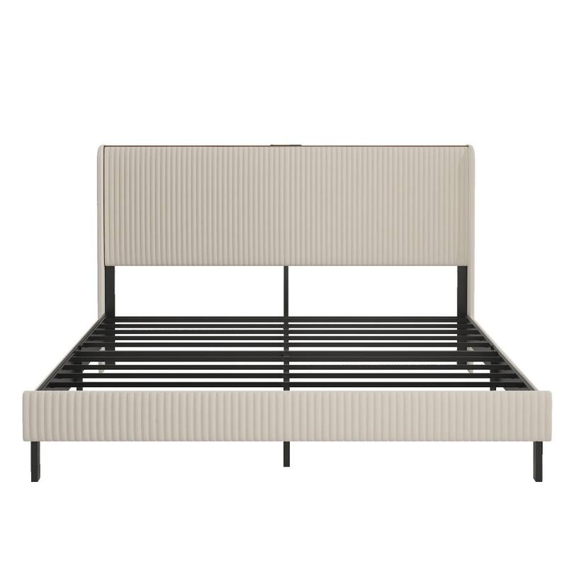 Modern Beige Metal Platform Bed Frame with Charging Station, 2 USB Ports for Living Room