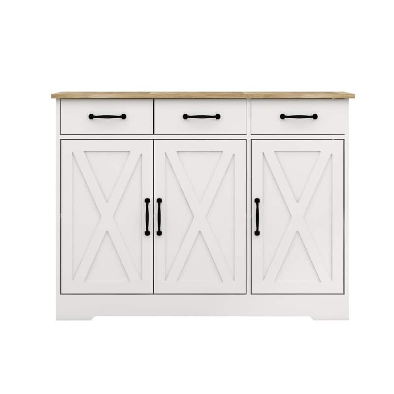Farmhouse Buffet Cabinet Storage Sideboard with 3 Drawers and 3 Doors for Dining Living Room Kitchen Cupboard-White 