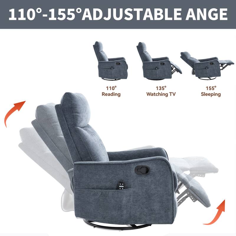 Roomfitters Swivel Rocker Recliner Chair, Manual Fabric Massage Glider Sofa with Heat and 360-Degree Pivot, Living Room