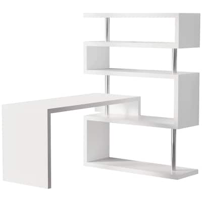 L-Shaped White Desk with Rotating Shelves and Multi-Tier Storage for Home and Office Use